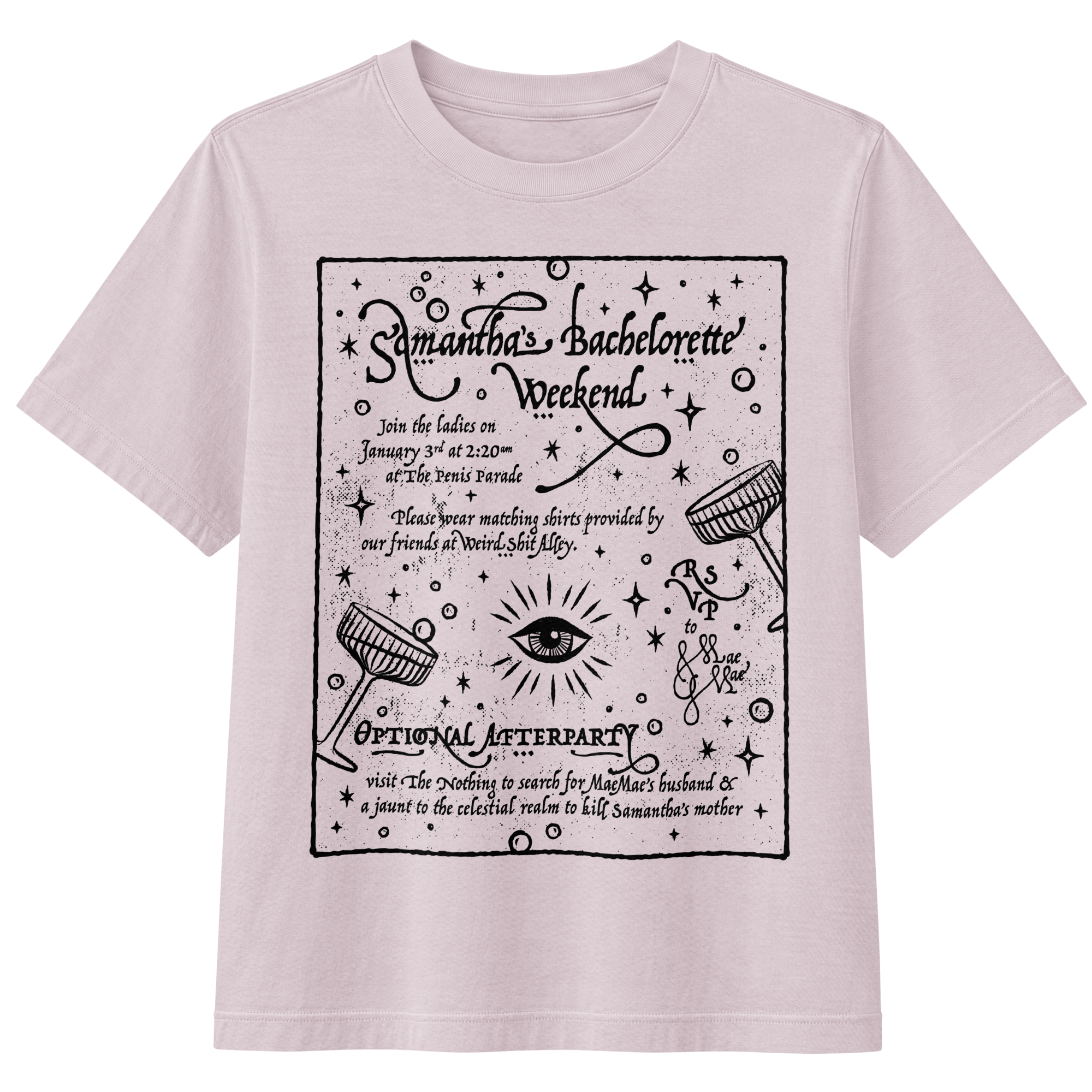 dungeon crawler carl samantha bachelorette party invitation shirt product mockup