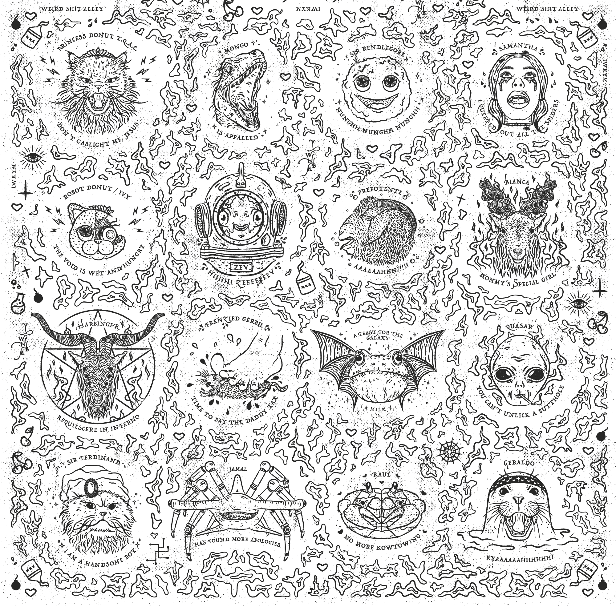 A square black and white hand-drawn illustration sheet featuring 12 circular and rectangular mystical illustrations, including  a cat and other dungeon crawler carl themed drawings and characters.