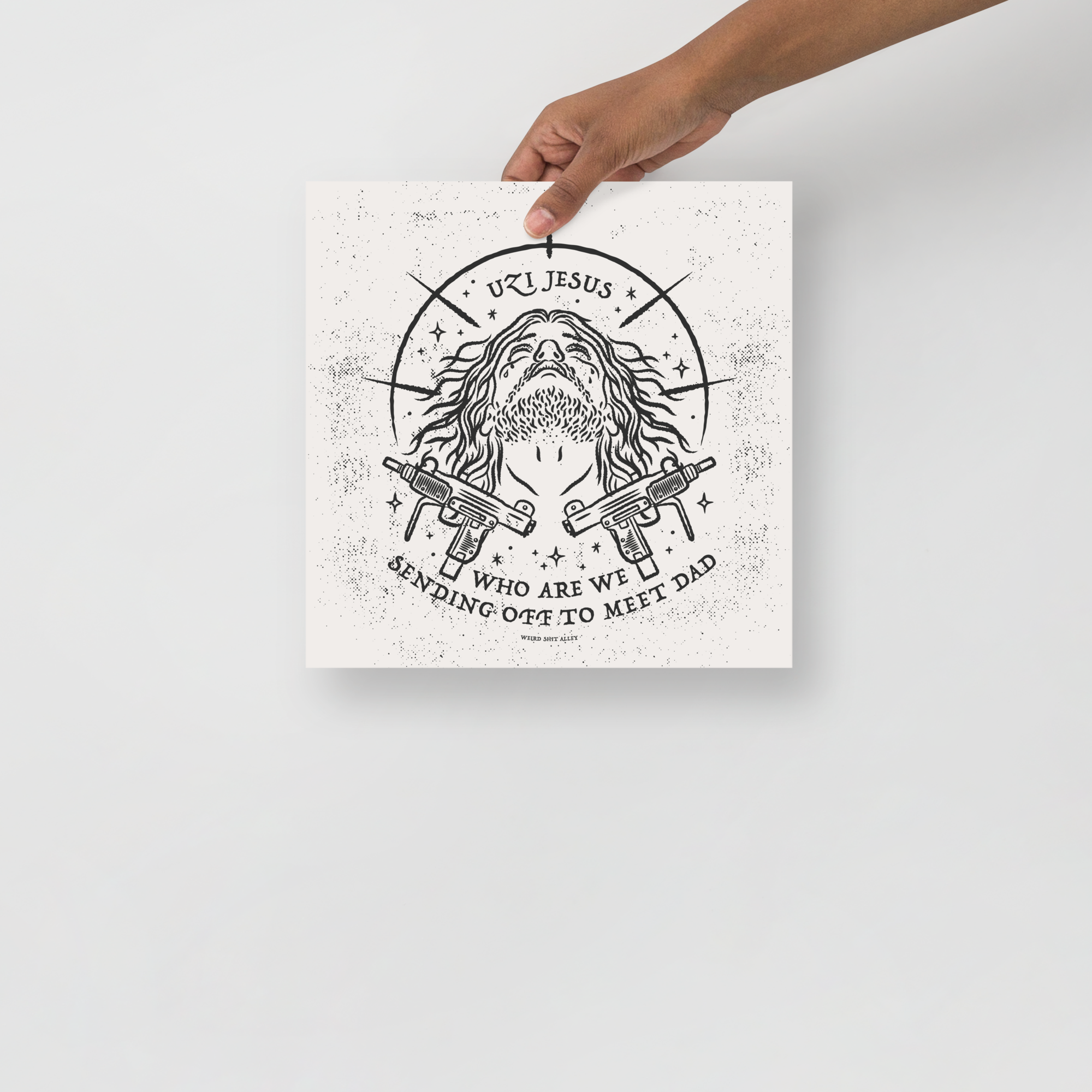 dungeon crawler carl uzi jesus art print product mockup