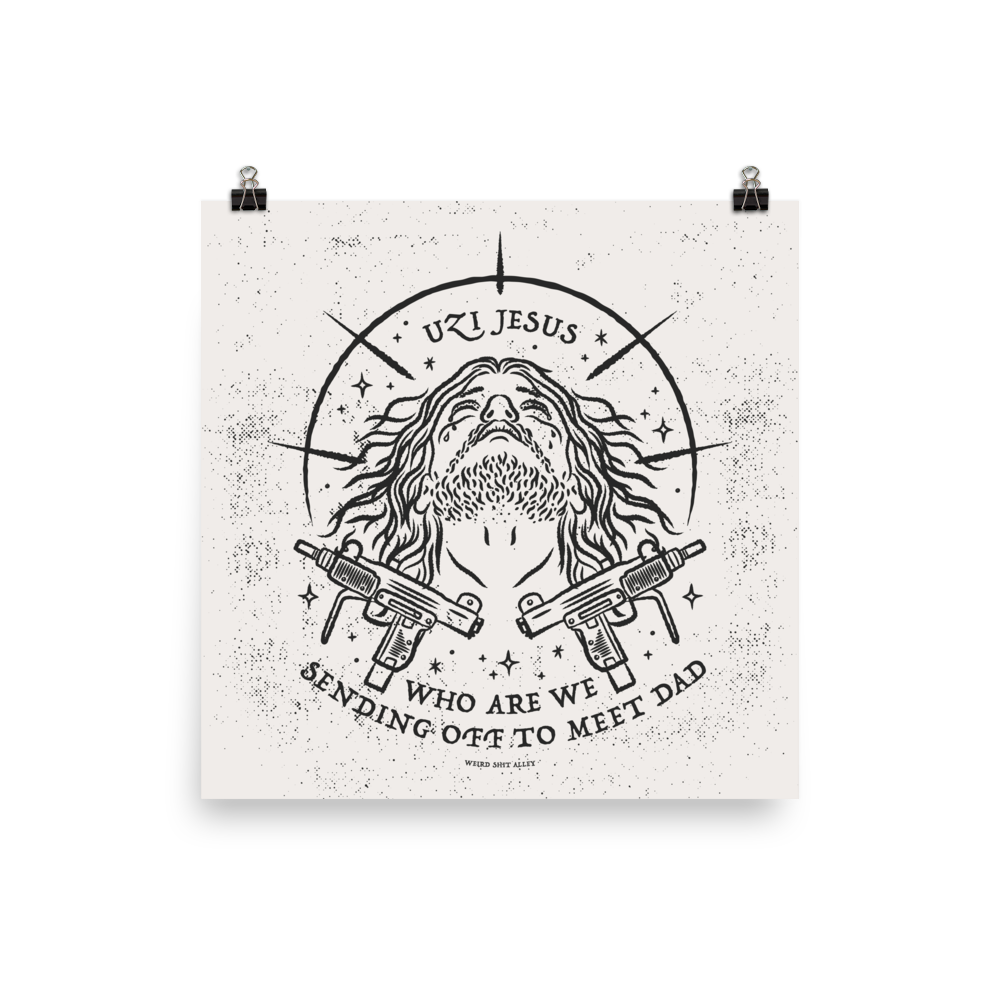 dungeon crawler carl uzi jesus art print product mockup