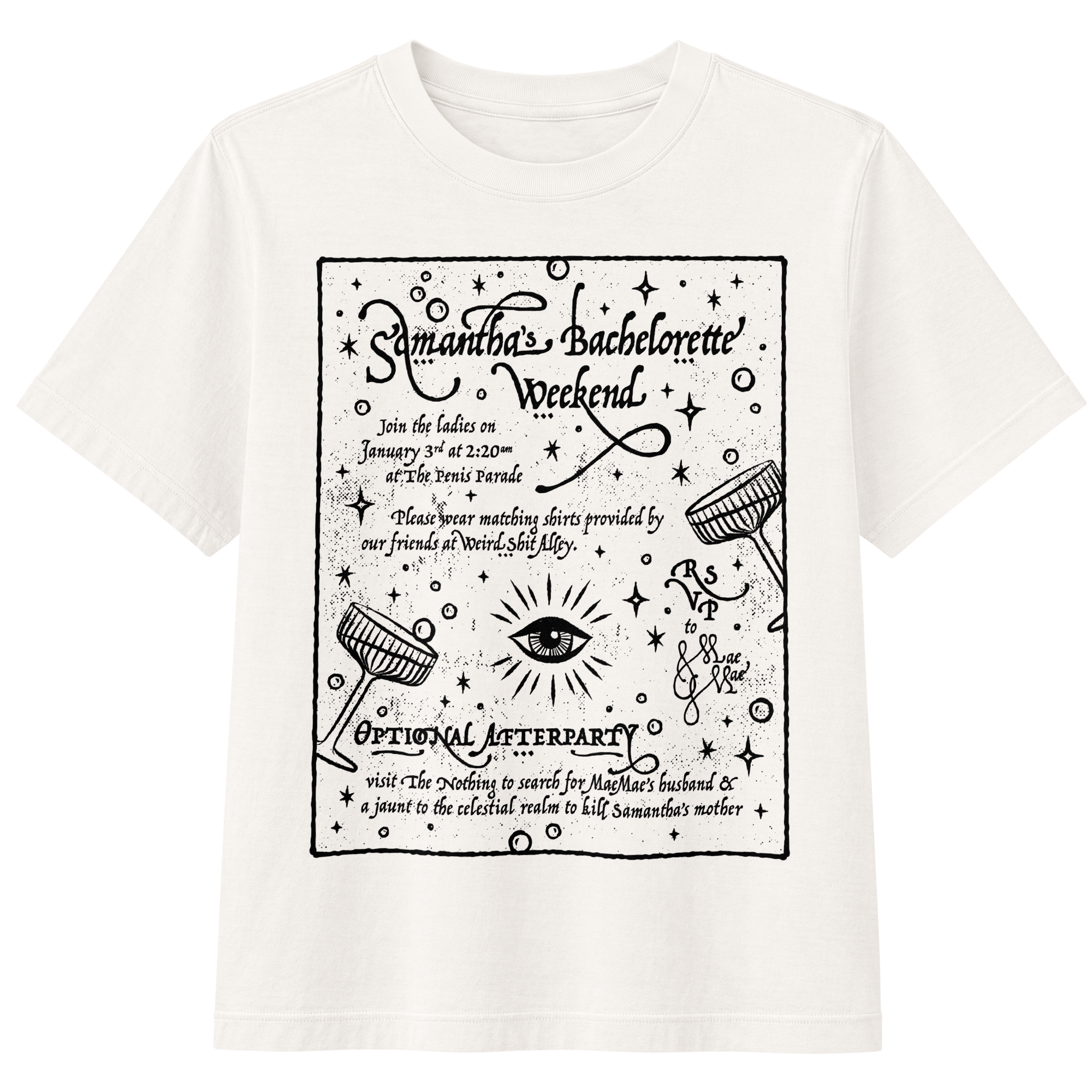 dungeon crawler carl samantha bachelorette party invitation shirt product mockup