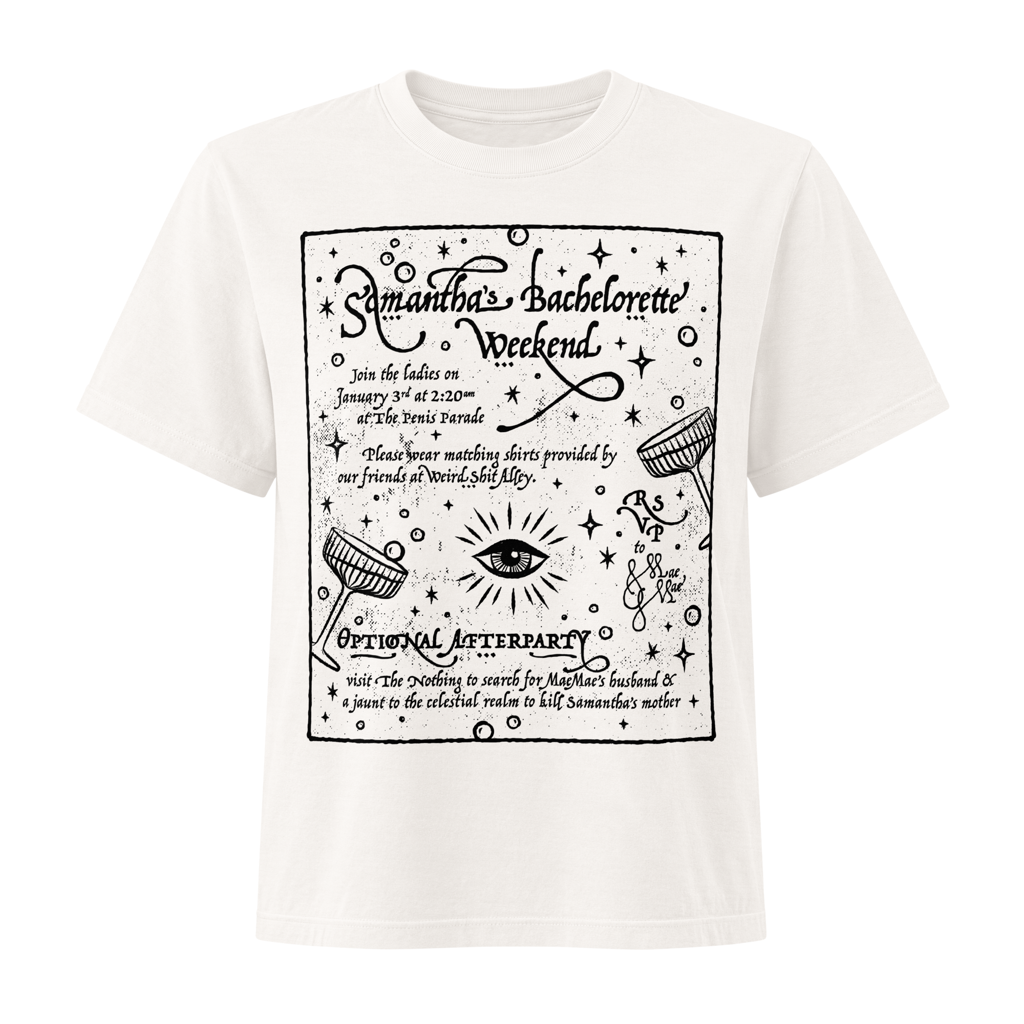 dungeon crawler carl samantha bachelorette party invitation shirt product mockup