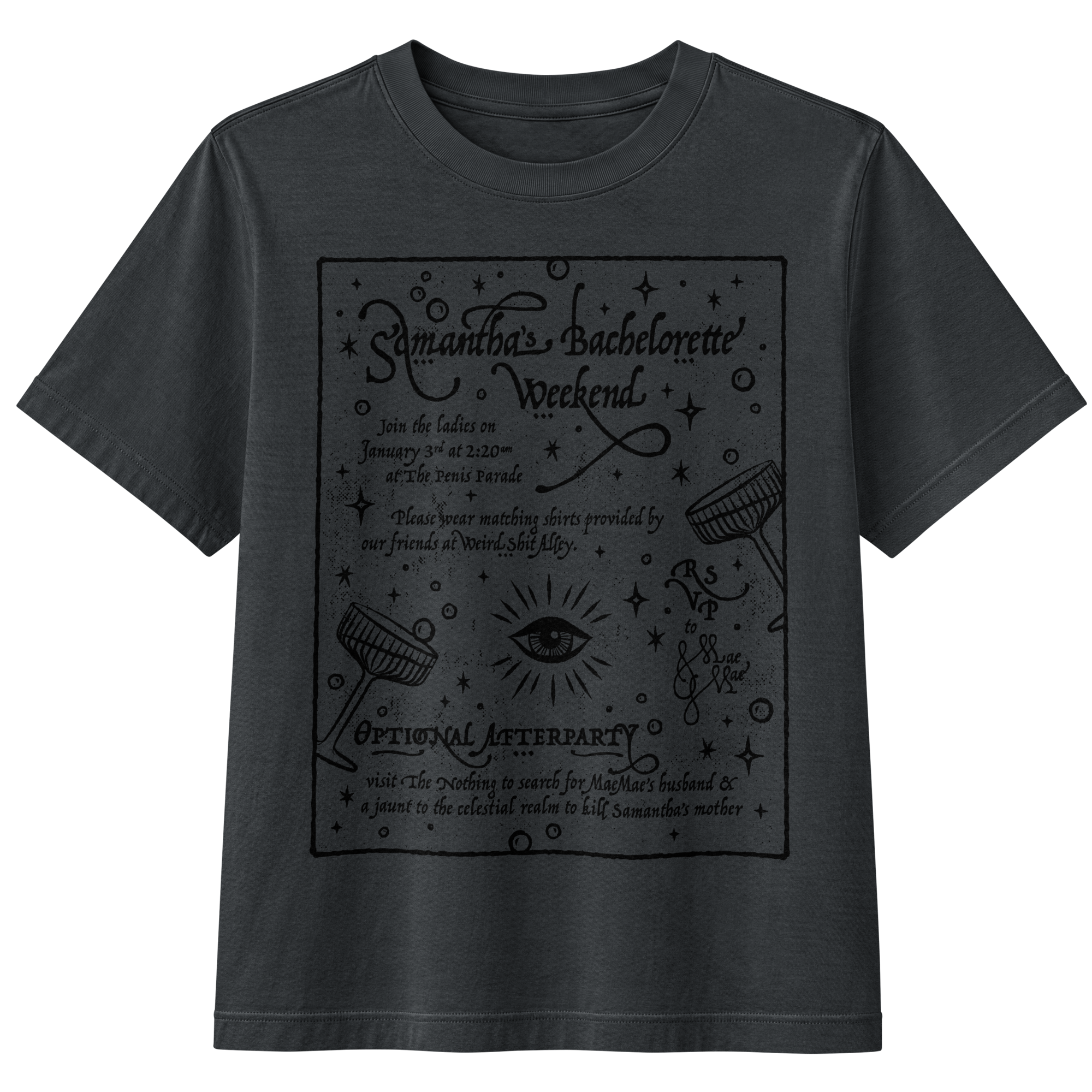 dungeon crawler carl samantha bachelorette party invitation shirt product mockup