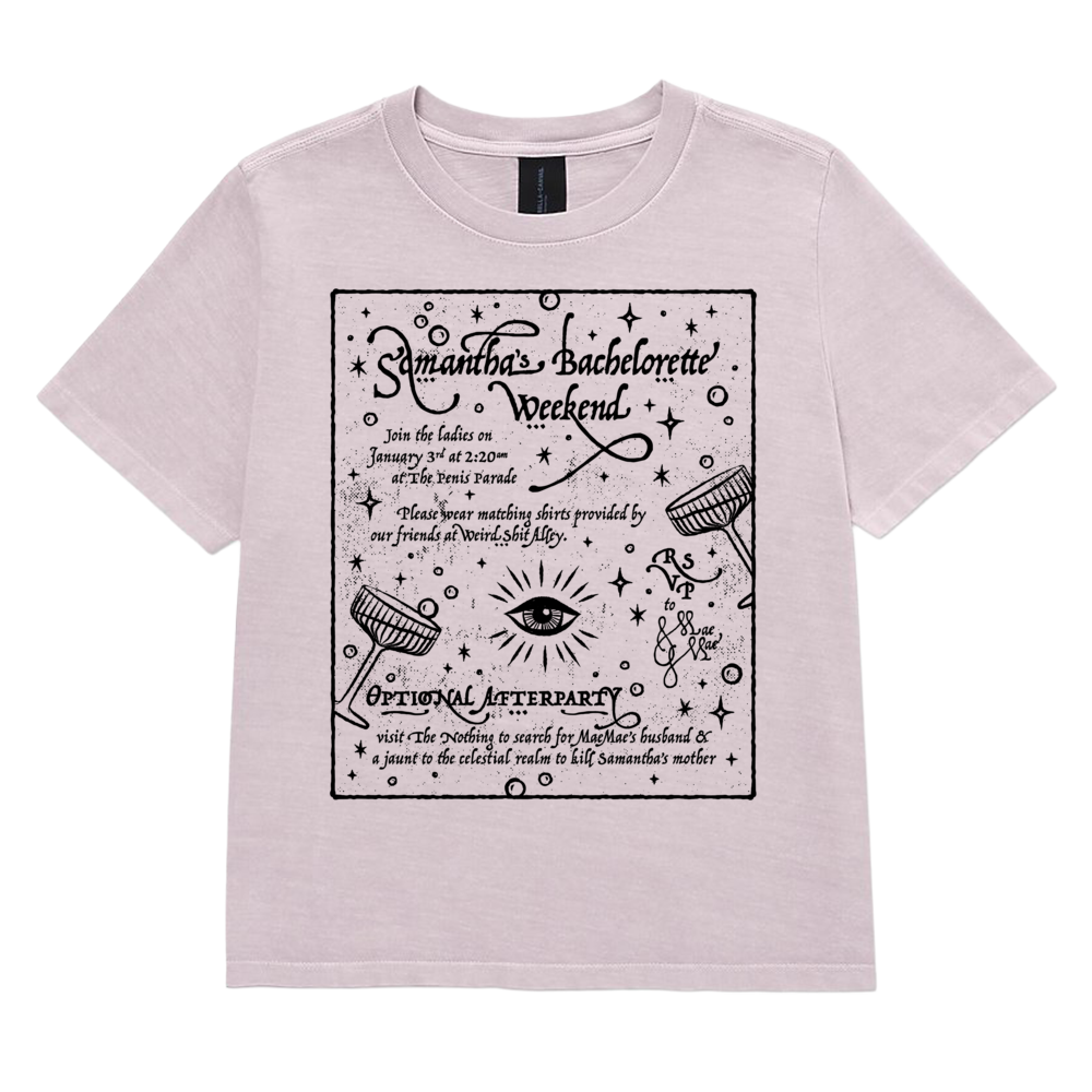 dungeon crawler carl samantha bachelorette party invitation shirt product mockup
