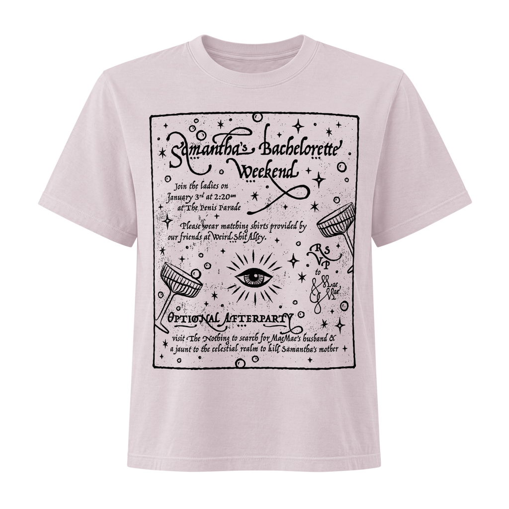 dungeon crawler carl samantha bachelorette party invitation shirt product mockup