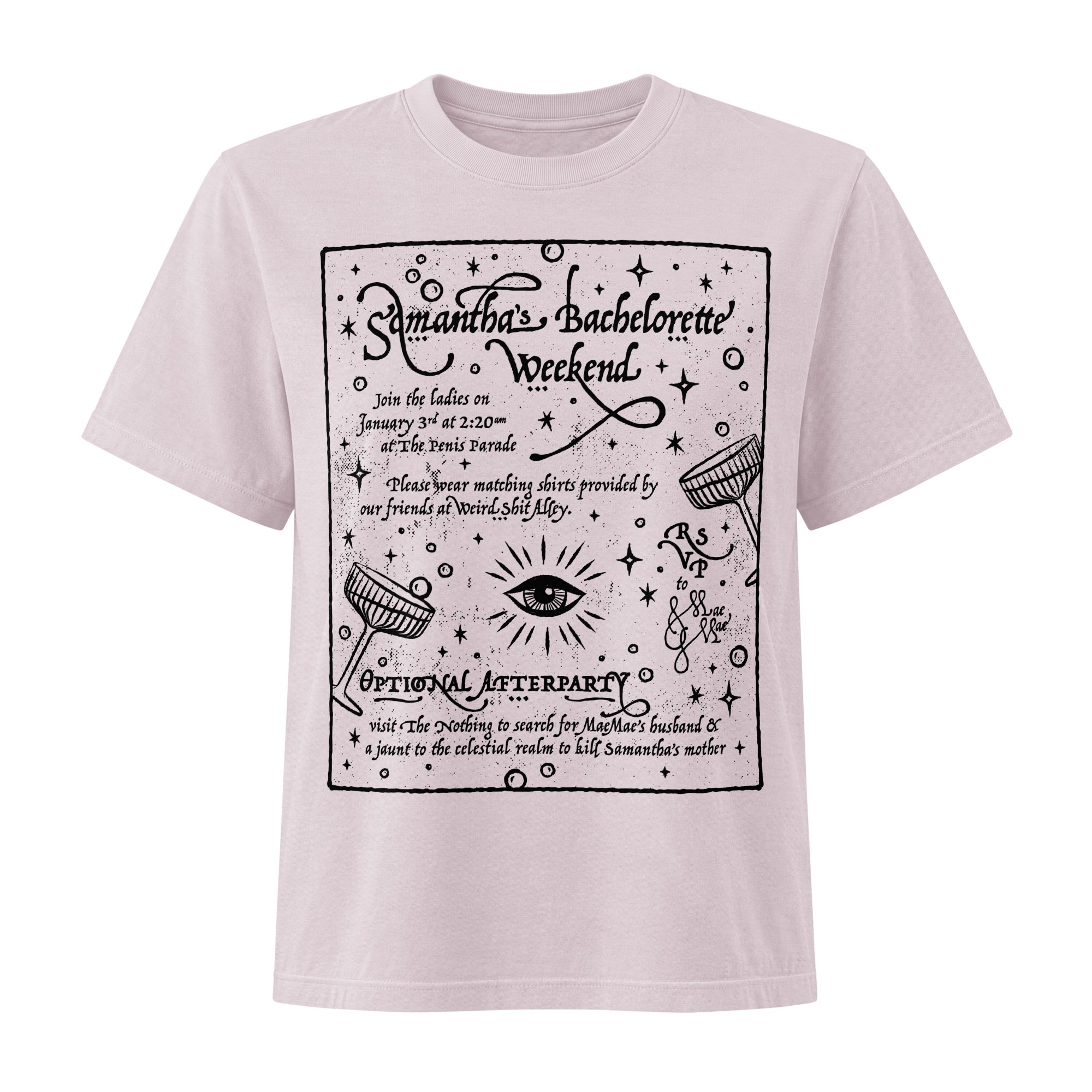 dungeon crawler carl samantha bachelorette party invitation shirt product mockup