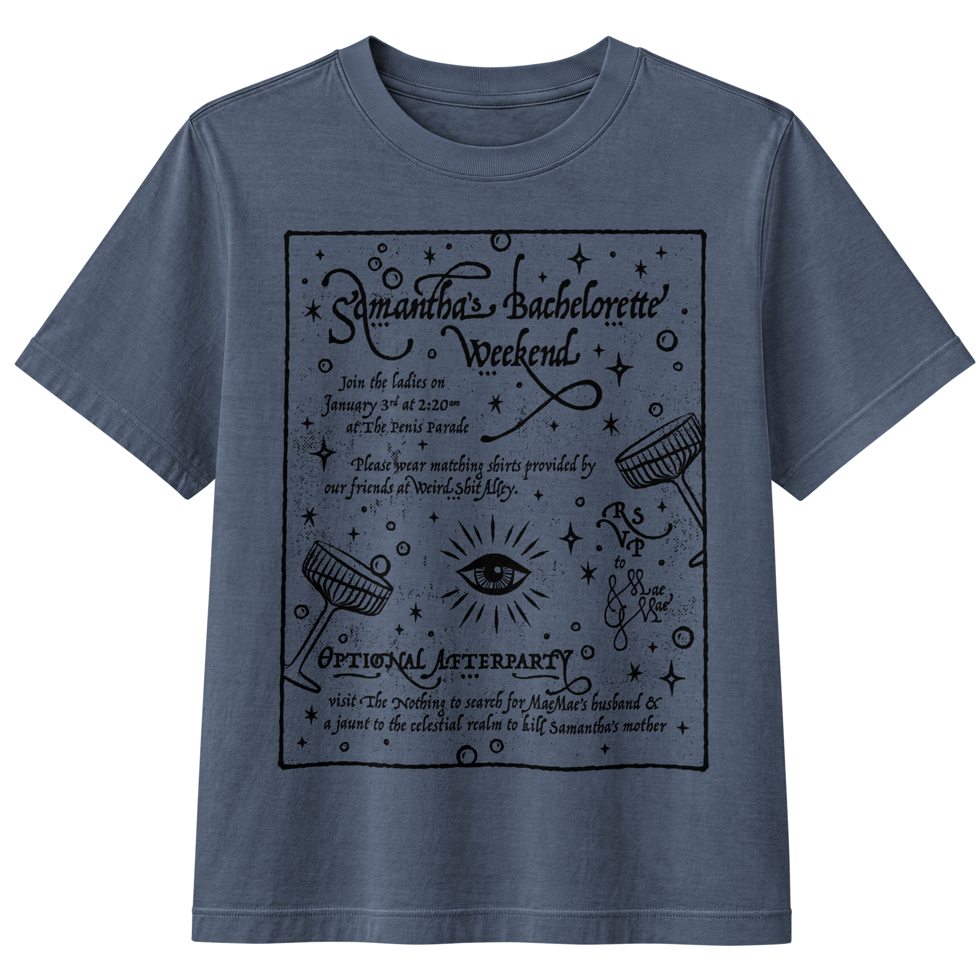 dungeon crawler carl samantha bachelorette party invitation shirt product mockup